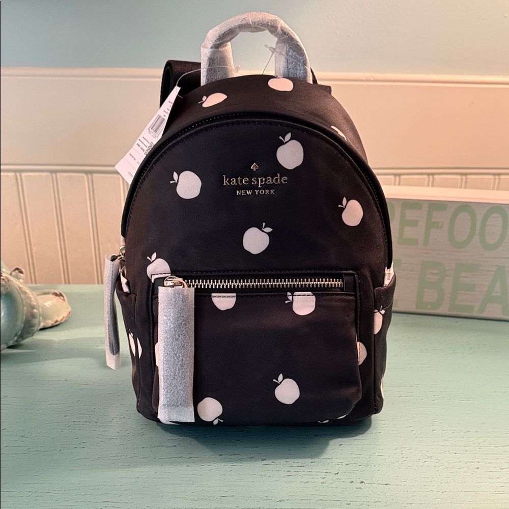 Kate Spade Black Backpack with White Apple Print NWT
